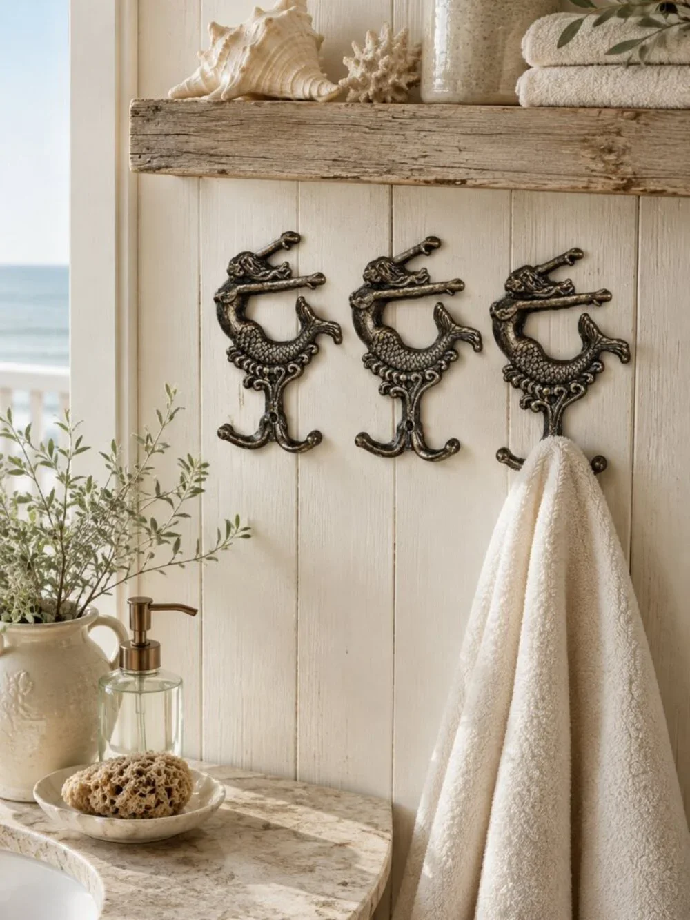 Set of 3 Vintage Cast Iron Mermaid Double Towel Hooks Antique Bronze Finish